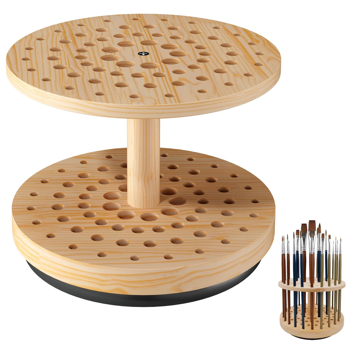 BREENHILL 71-Hole Rotating Paint Brush Holder, Large Capacity Wooden Paint Brush Organizer, 360° Spinning Brush Storage Rack for Watercolor, Acrylic, Calligraphy
