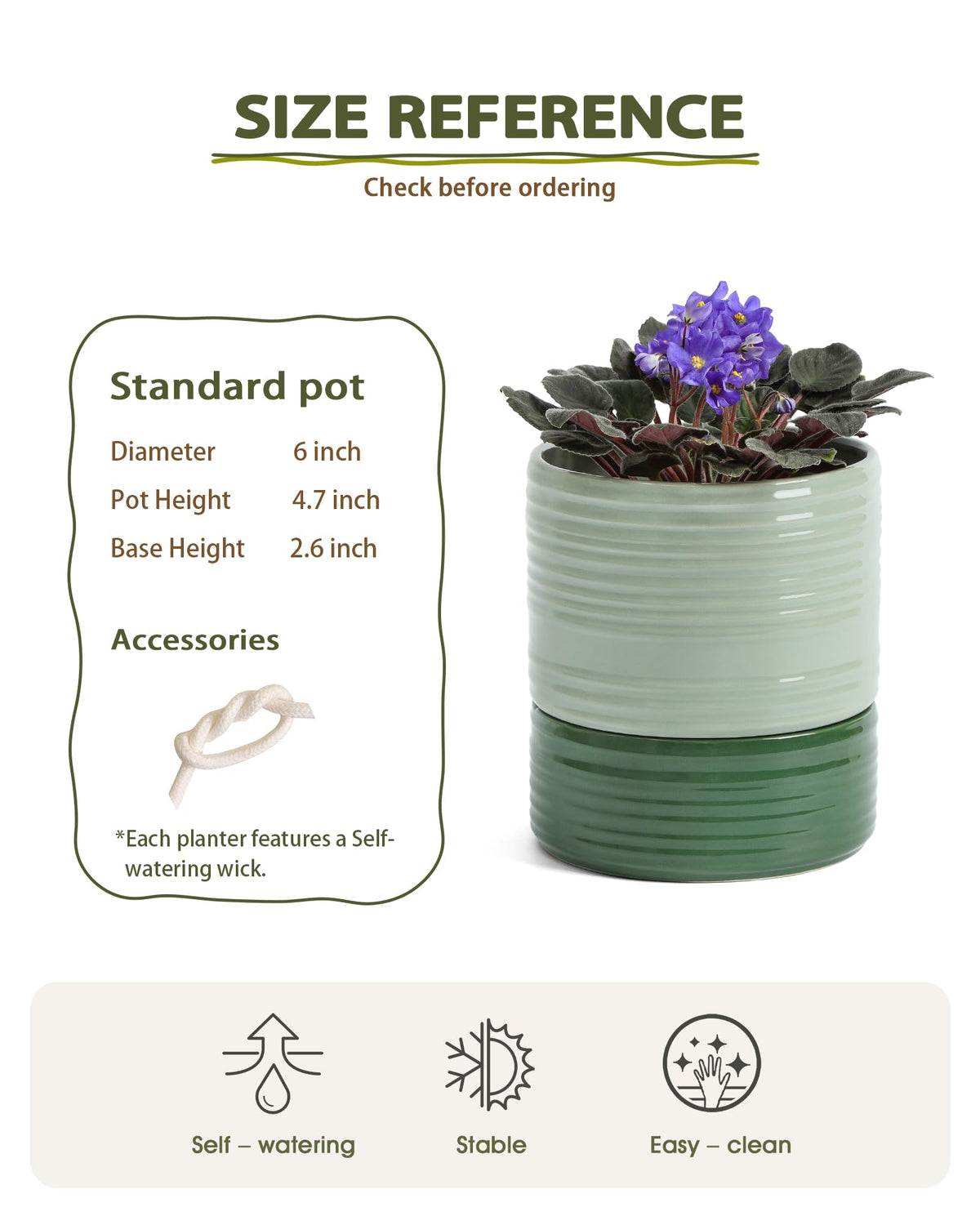 Fayoula Self Watering Pots for Indoor Plants, 6 Inch Ceramic Self Watering Plant Pot, Planter Pot with Wick Rope and Drainage Hole for African Violet Succulent Herbs (Green Light)