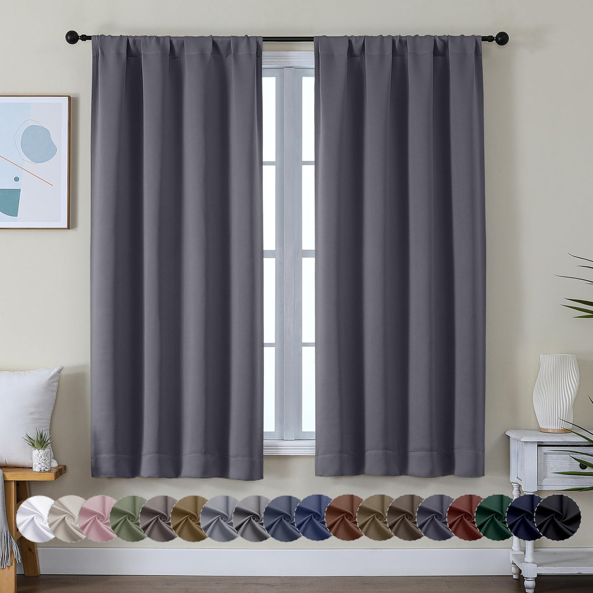 Simplebrand Ava Grey Blackout Curtains for Bedroom 63 Inch Length 2 Panels Set, Solid Thermal Insulated Energy Saving Rod Pocket Window Treatment Curtains Blackout Drapes, W40 x L63 Inch, Grey