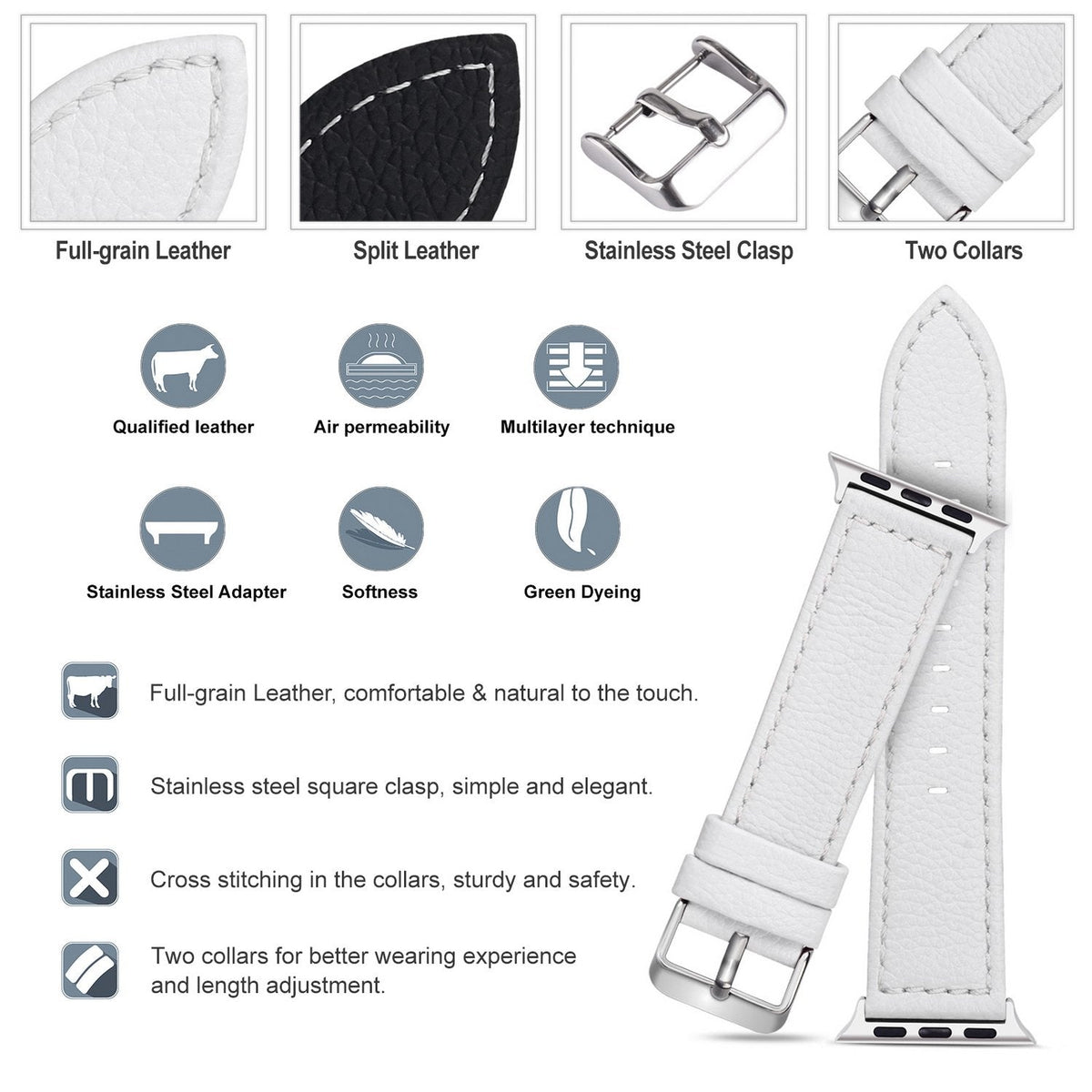 Fullmosa Compatible with Apple Watch Band Leather 49mm 46mm 45mm 44mm 42mm 41mm 40mm 38mm for iWatch Series 11/10/9/8/7/6/5/4/3/2/1, Ultra3/2/1, SE3/2/1, White + silver buckle