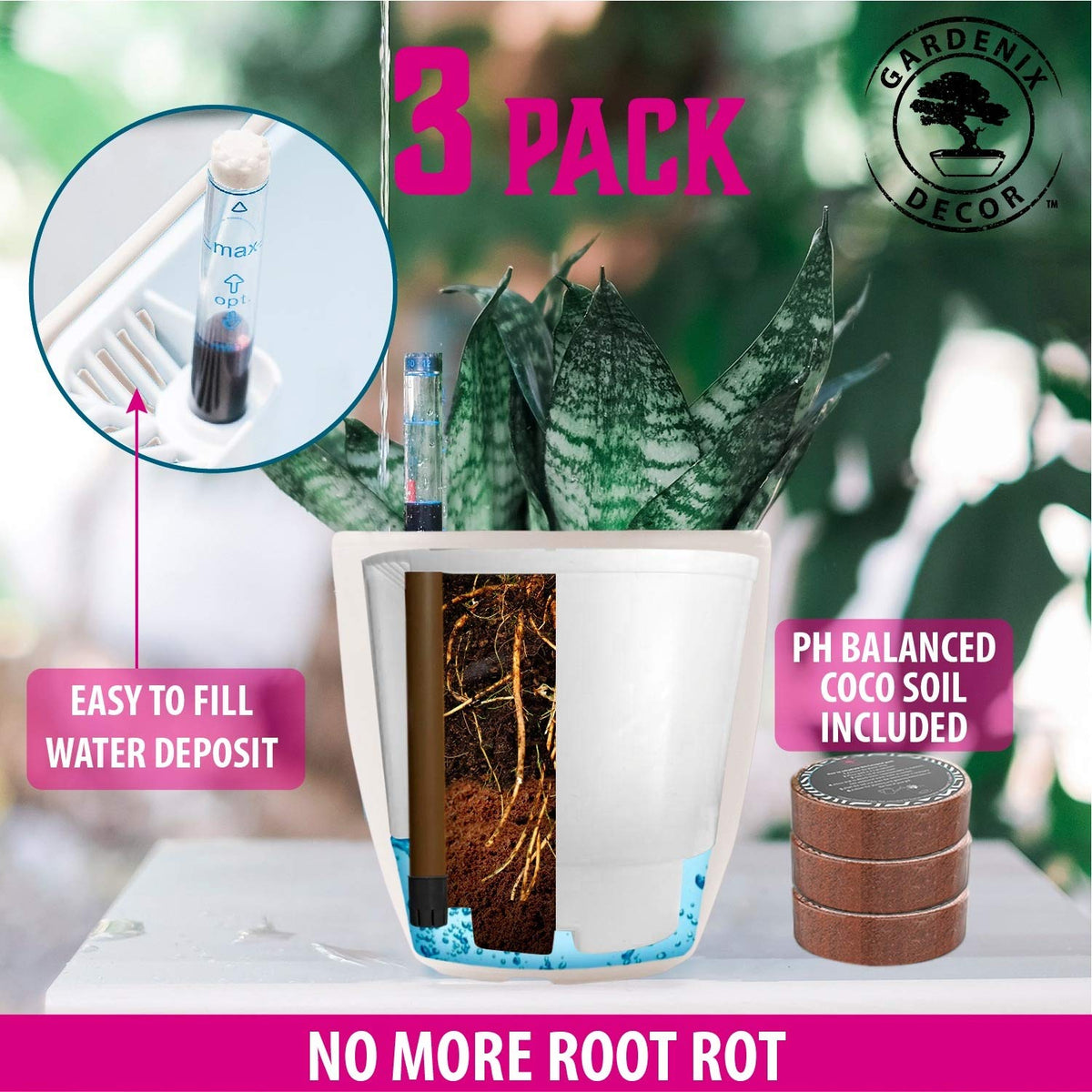 GARDENIX DECOR Self Watering Pots for Indoor Plants 3 Pack - Flower Pot with Water Level Indicator for Plants, Grow Tracking Tool - Self Watering Planter Plant Pot - Coco Coir - White