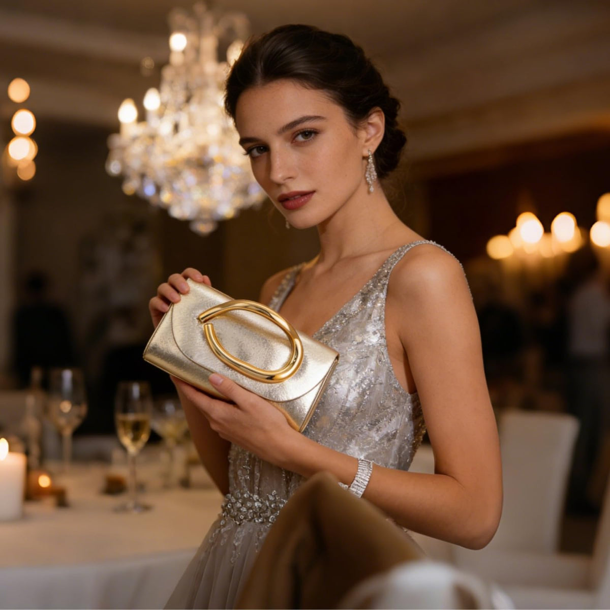 MYHOZEE Clutch Purses for Women Vegan Leather Evening Bag Formal Elegant Wedding Clutch Trendy Gold Handle Purses