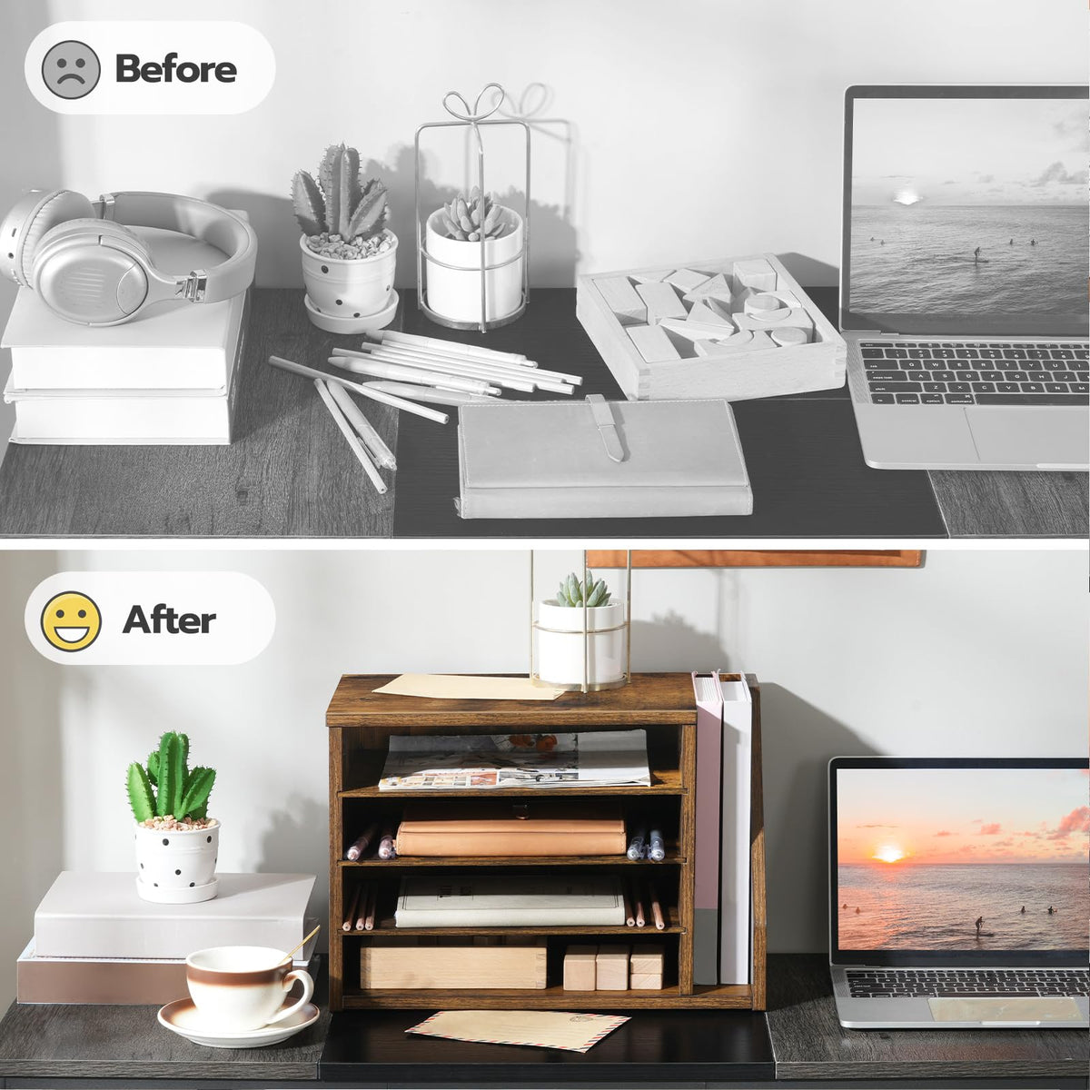 HOOBRO Mail Sorter, Literature Organizer with Adjustable Shelves, Paper Organizer for Office, Home, Wood Countertop File Holders, Mails, Magazines, Rustic Brown FG41WF01