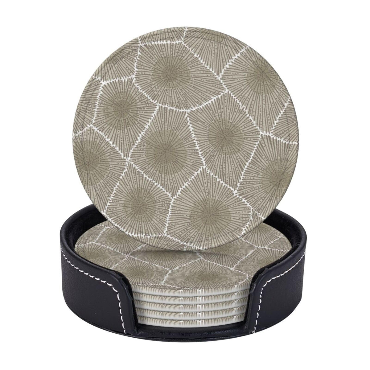 Keeawou Petoskey Stone Leather Drinks Coasters with Holder, Set of 6, Suitable for Various Cups