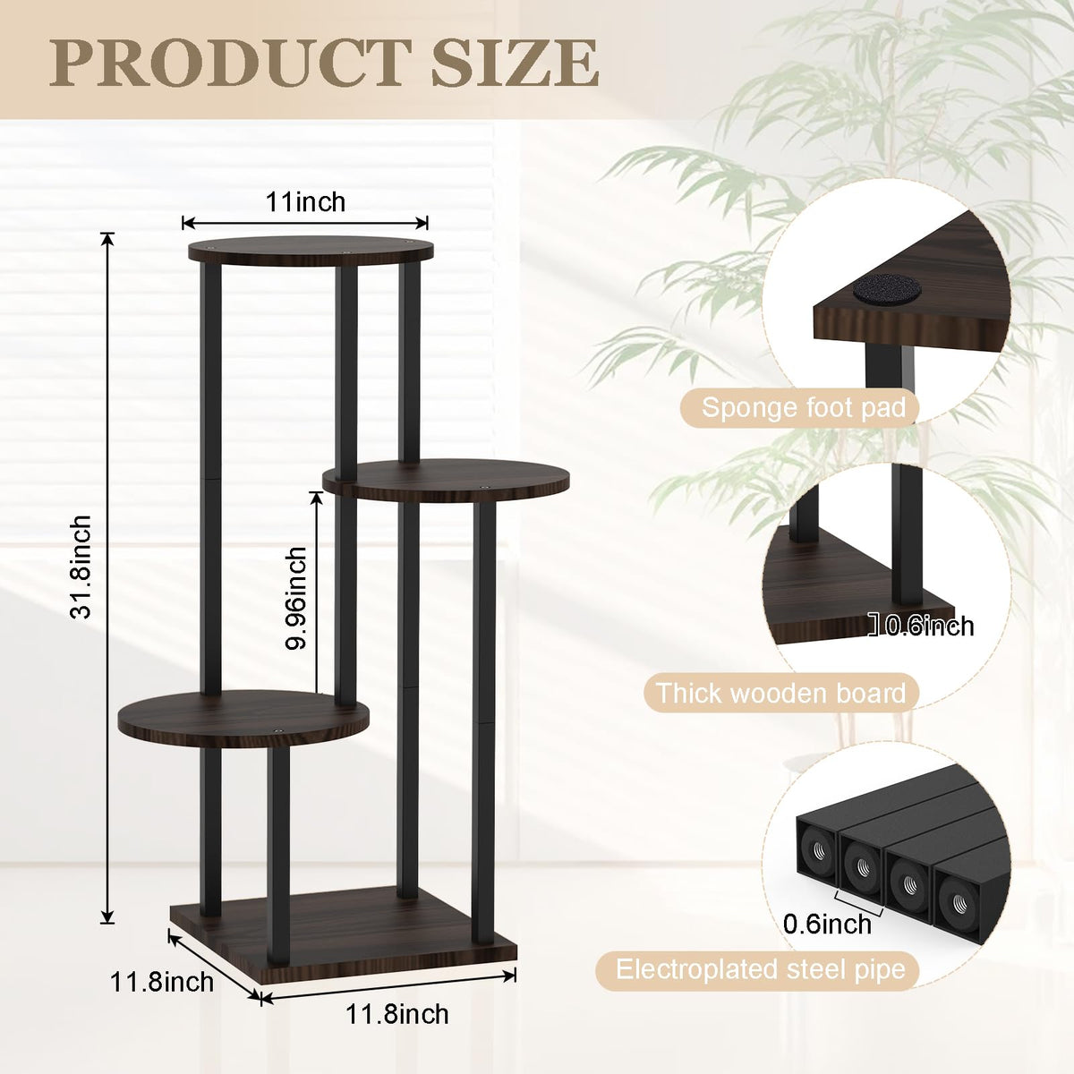 SMFANLIN 4 Tier Plant Stand Indoor, Metal Wooden Tall Plant Shelf Flower Pot Stand for Multiple Plants, Corner Flower Holder Plant Display Rack for Living Room Balcony Patio Garden (Black)