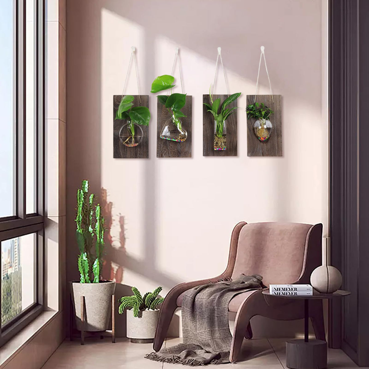 Marooma 2 Pcs Wall Hanging Glass Vases, Solid Wood Wall Mounted Glass Vase, Clear Terrarium Display Vase for Hydroponic Flowers Plants, Home Office Garden Decor (A)