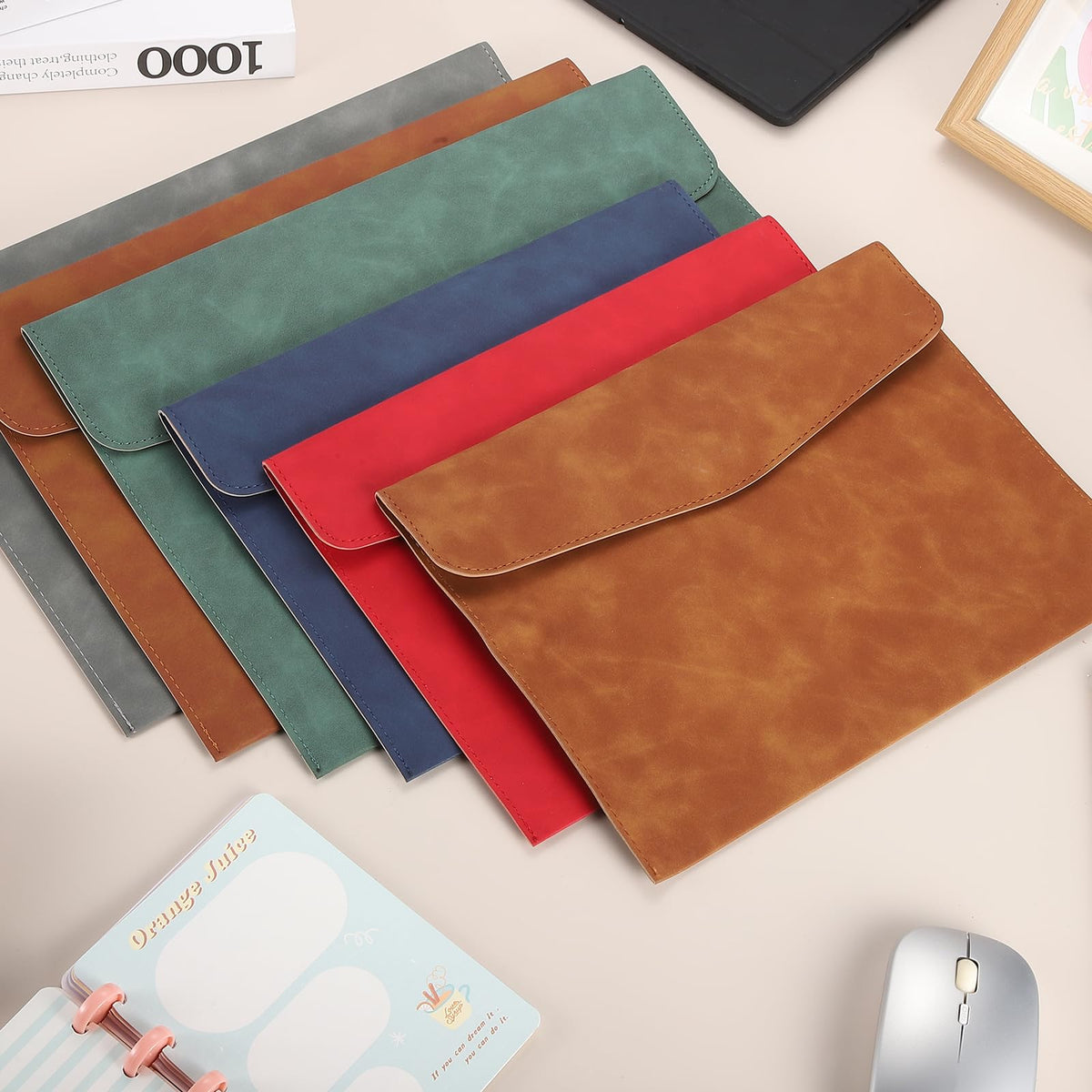 PATIKIL 2Pcs PU Leather File Folders, 13x9 A4 Document Holder Waterproof Envelope Folder with Snap Closure, Portable Portfolio Organizer Case for Paper Receipt, Brown/Gray