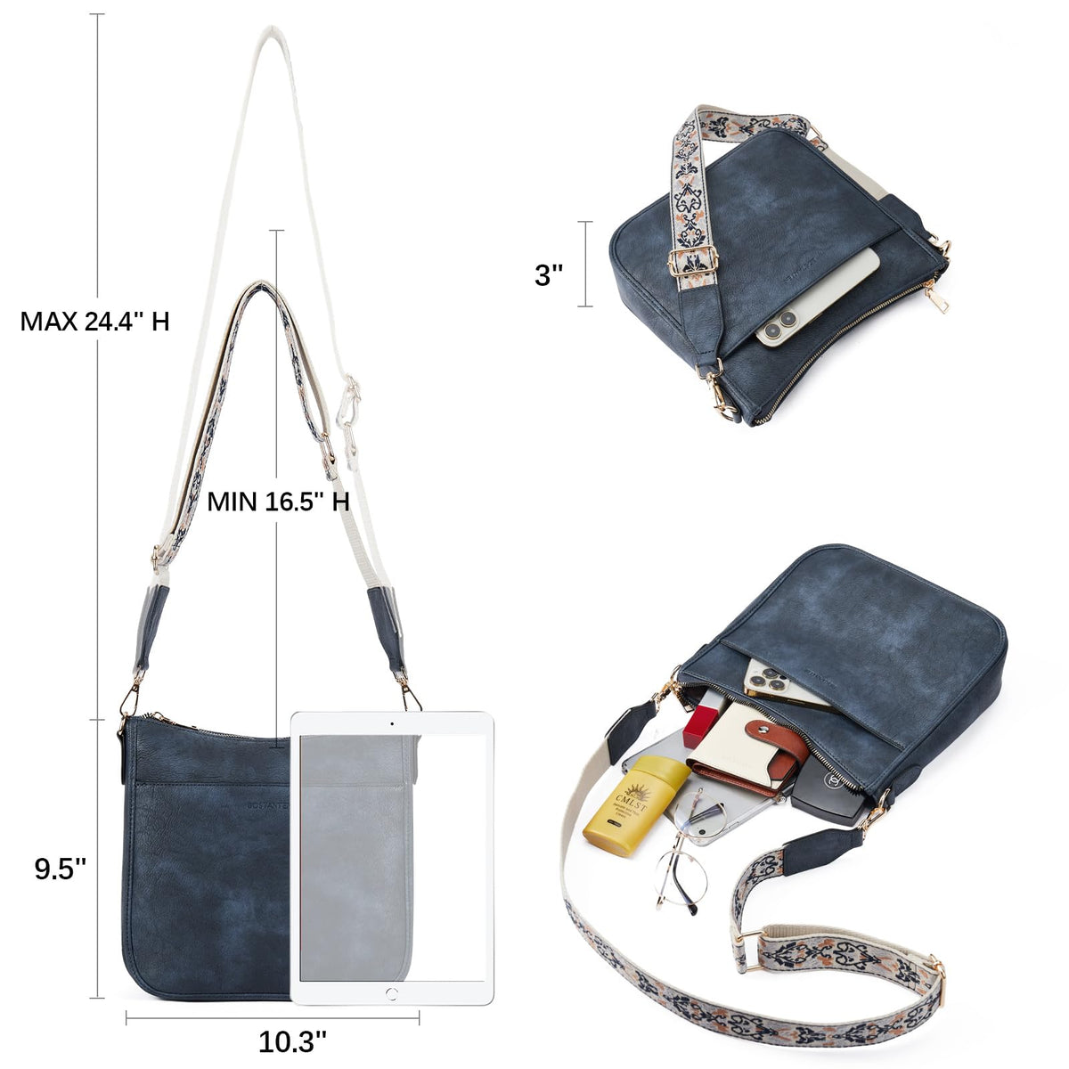 BOSTANTEN Crossbody Bags for Women Trendy Vegan Leather Hobo Purses Shoulder Handbags With Wide Shoulder Strap Navy Blue