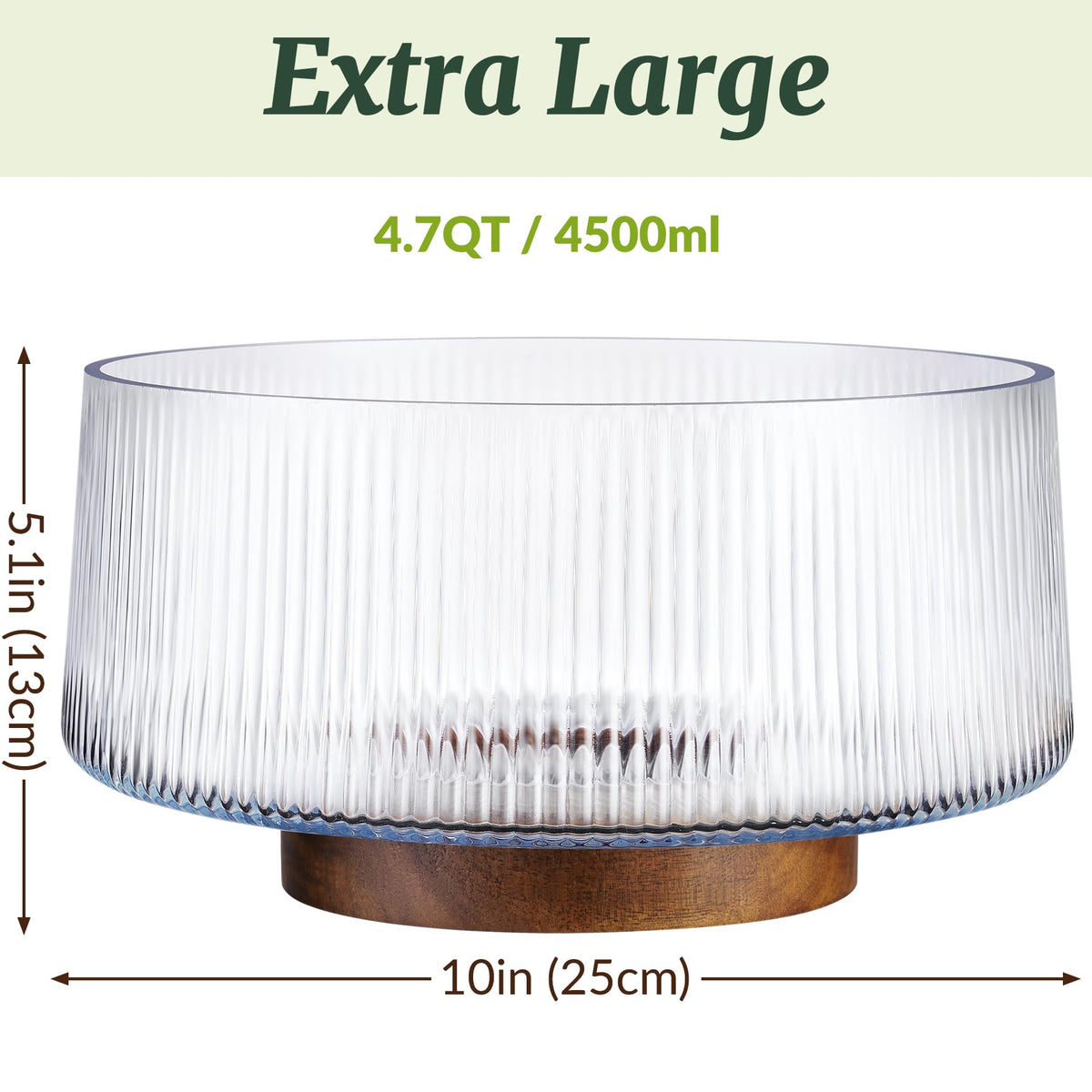NiHome Extra Large Glass Salad Bowl with Natural Acacia Wood Base & Wooden Serving Utensils for Family Dinners, Parties, Gatherings, Multipurpose Oversized Glass Bowl for Salads(Separate-Piece Design)