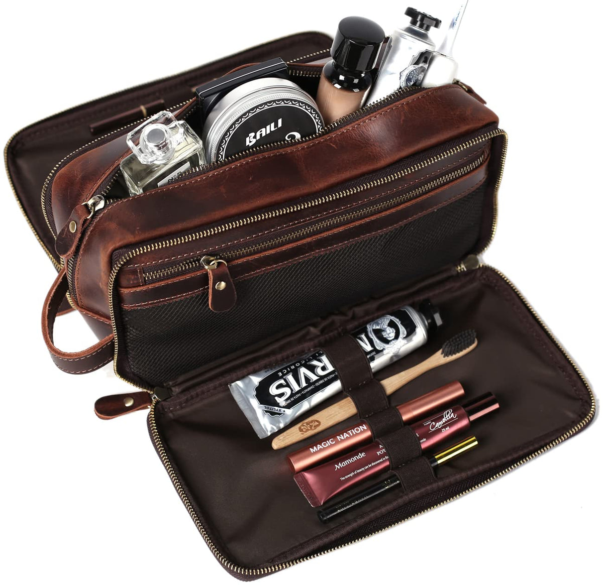 RC ROCKCOW Personalized Leather Toiletry Bag for Men Travel Shaving Dopp Kit-Large Cosmetic Bags Toiletries Bathroom Organizer