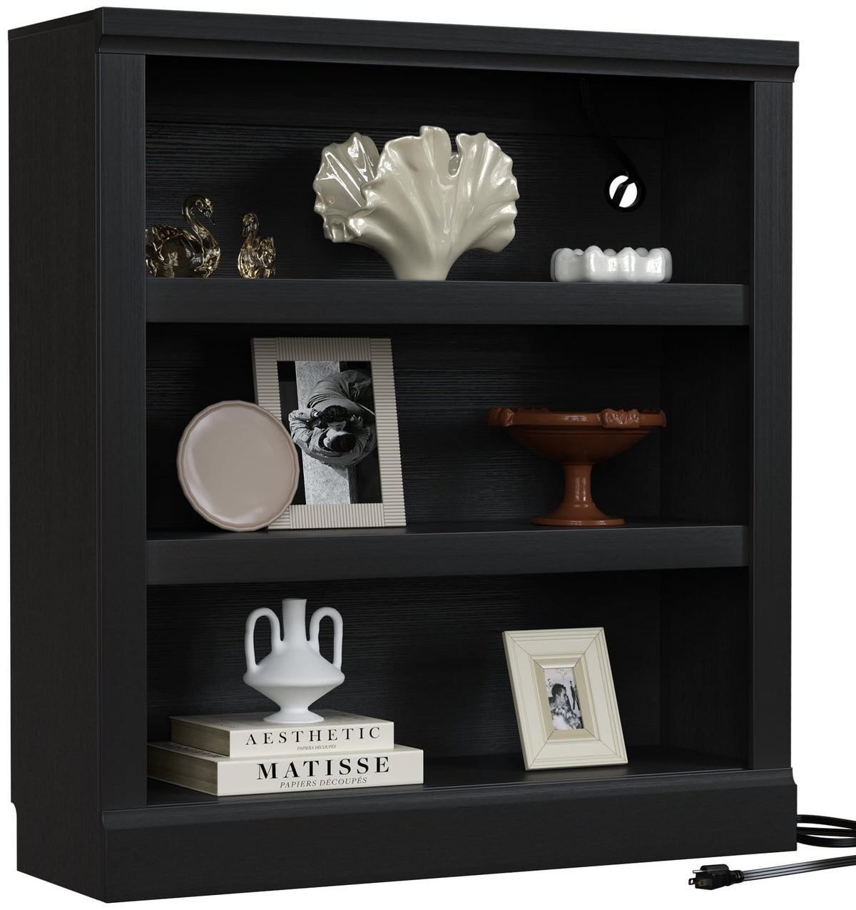 Unikito 3-Tier Storage Bookcase with Adjustable Shelves, Modern Wood Storage Organizer Rack, Free Standing Decorative Display Shelf for Home Office, Living Room and Bedroom-Black
