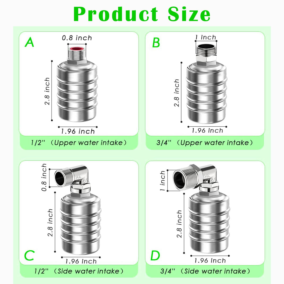 Auto Water Level Control Float Valve 1/2" 3/4" - 304 Stainless Steel, No Pump Needed for Water Tanks, Fish Ponds, Livestock Troughs, Hydroponics, Pool(2 Pack Short)