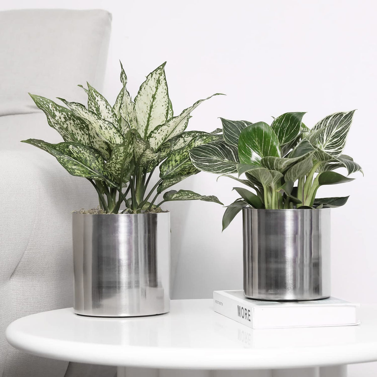 MyGift 5.2 and 6 Inch Round Handmade Shiny Silver Tone Metal Plant Pot Covers, Decorative Indoor Tabletop Houseplant Planter Containers, 2 Piece Set - Handcrafted in India