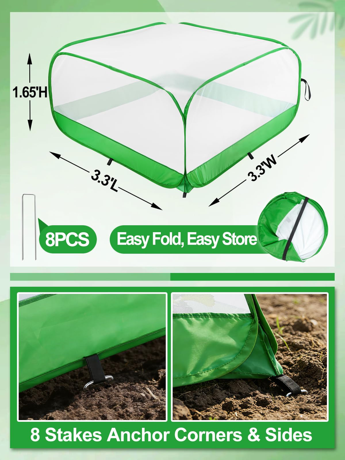Pop Up Garden Netting for Square Raised Beds - 3.3'L x 3.3'W x 1.65'H Ultra Fine Mesh Net Plant Cover with 8 Stakes, Protection for Vegetables Fruit from Birds Pests
