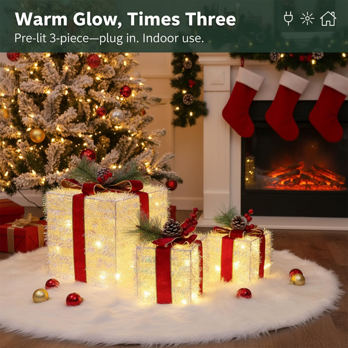 Fulong's Opulent Christmas Lighted Gift Boxes Decor Set of Three Pre-lit LED Presents | Warm White Garden, Porch, Room Decor & Tree Skirt Ornaments | Indoor 60 Lights Set