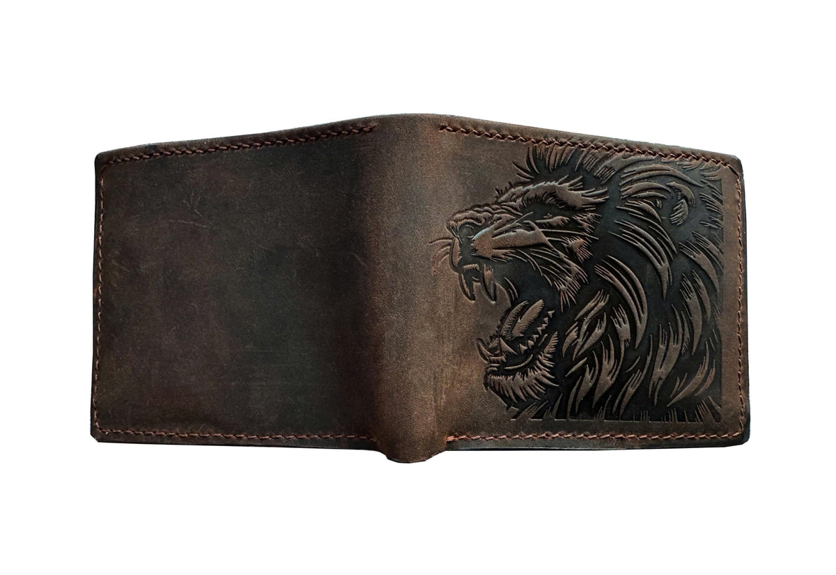 Mayan Corner - Genuine leather handcrafted wallet, bifold wallet with ID card slot, cool wallet for dad - Lion head