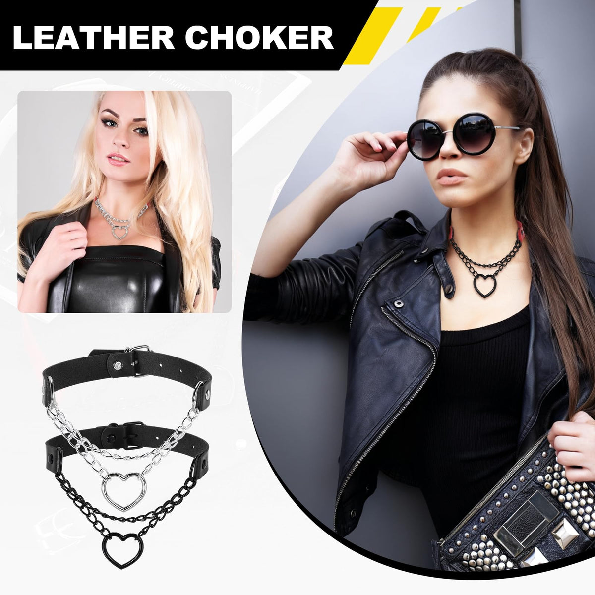MECCANIXITY PU Leather Chokers, Love Heart Chokers Collar Necklace Gothic Punk Grunge Emo Necklace Gothic Jewelry Accessories Adjustable PU Collar for Women, Black/Silver Black, 2Pcs