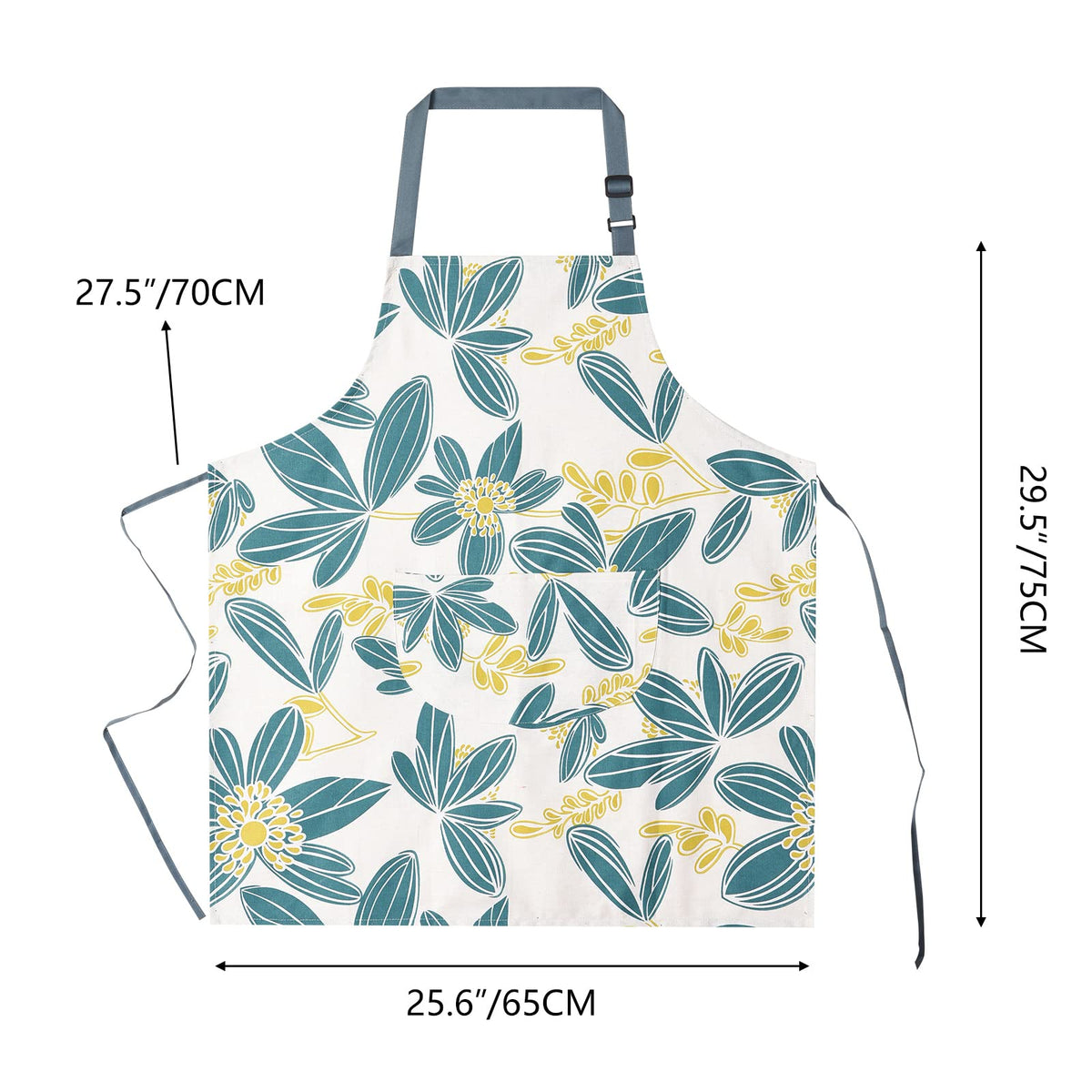 ARBINSON 2 Pack Floral Apron for Women with Pockets, Adjustable Cotton Chef Aprons for Kitchen, Cooking, BBQ & Grill (Turquoise/Leaf)