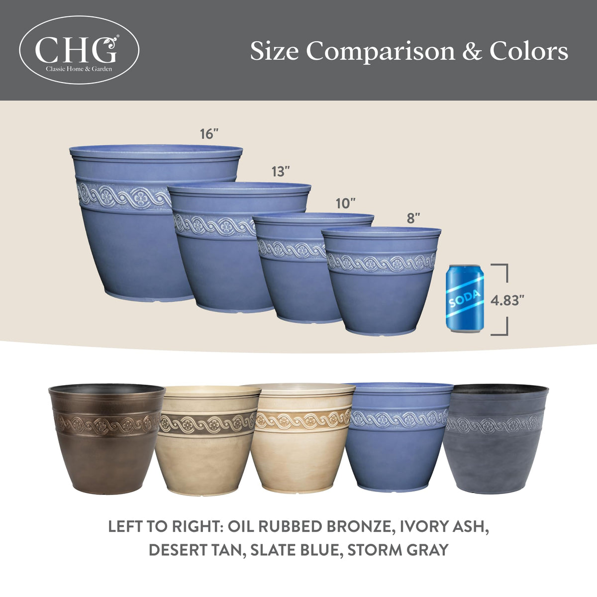 Classic Home and Garden Corinthian Resin Flower Pot Planter, Slate Blue, 8"