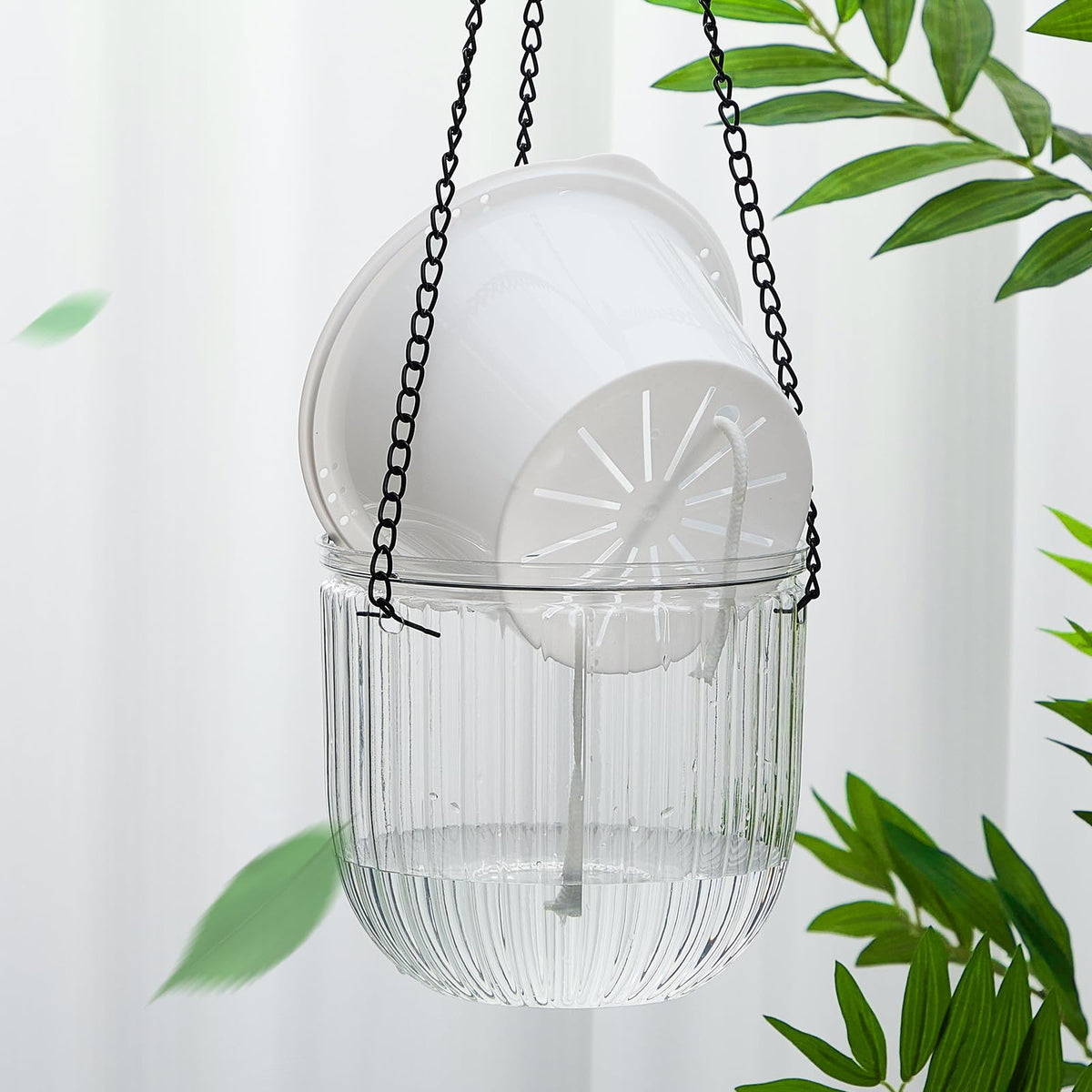 Meanplan 4 Pcs Self Watering Hanging Planter Indoor 6.5 Inch Hanging Baskets for Plants Outdoor Plastic Flower Pot with 3 Hooks Chains Drainage Holes for Garden Home, Medium Size(Clear)