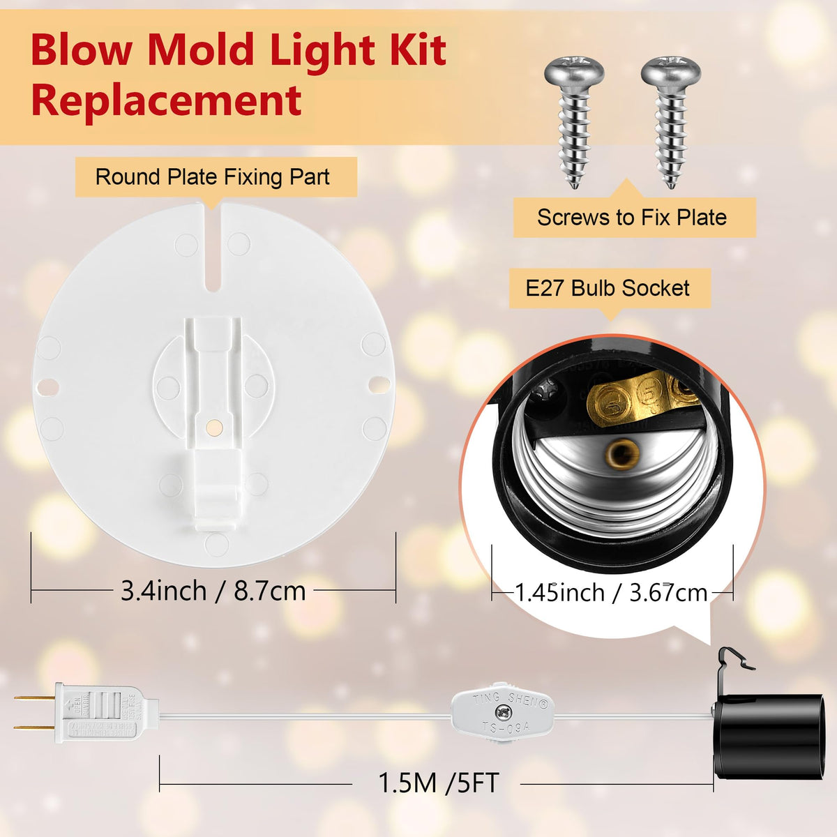 Meonum Blow Mold Light Kit Replacement, E27 E26 Single Light Cord Kit with Switch Fuse Plug, for Indoor Outdoor Halloween Christmas Village House Craft Decorations and Salt Lamp (1 Set)