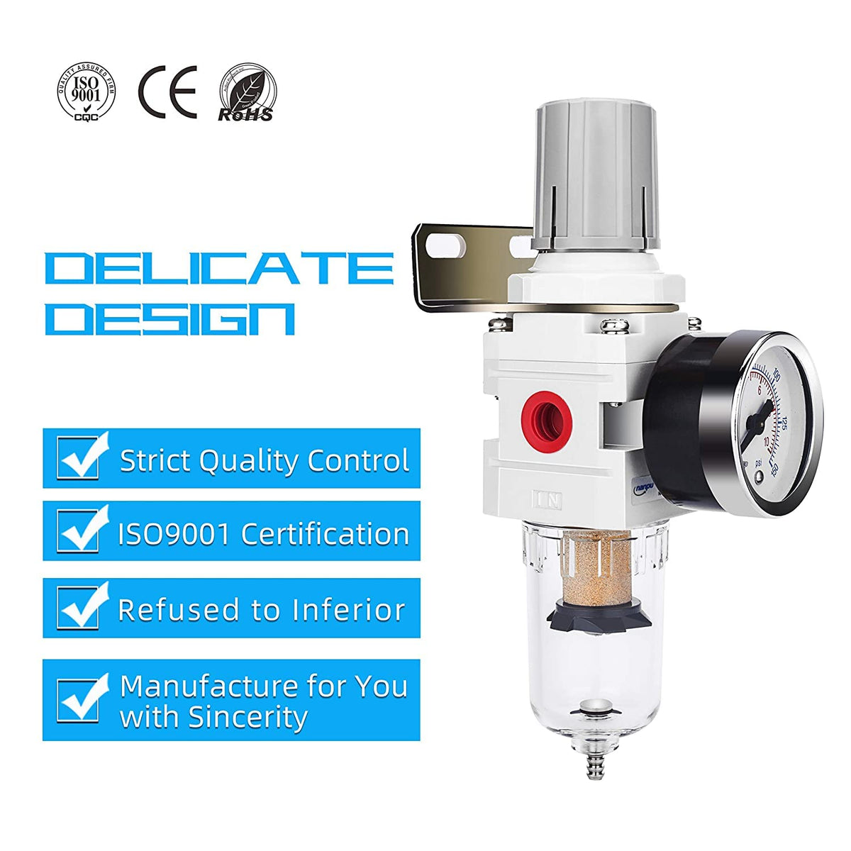 NANPU 1/4" NPT Compressed Air Filter Regulator Combo Piggyback, 5 Micron Brass Element, Poly Bowl, Semi-Auto Drain, Metal Bracket, 0-150 psi Gauge