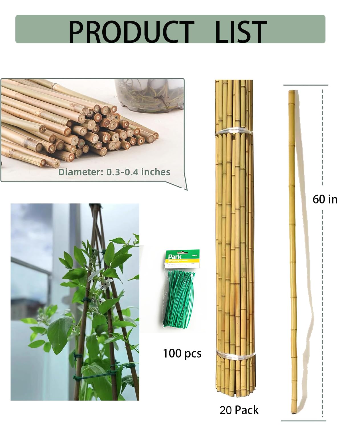 5 Ft Bamboo Stakes with 100 Twist Ties Natural Bamboo Garden Stakes for Tomatoes Cucumber Grapes Pole Beans Trees Potted Dahlia Flowers and Climbing Plants - Pack of 20 (58in, Approx 5FT)