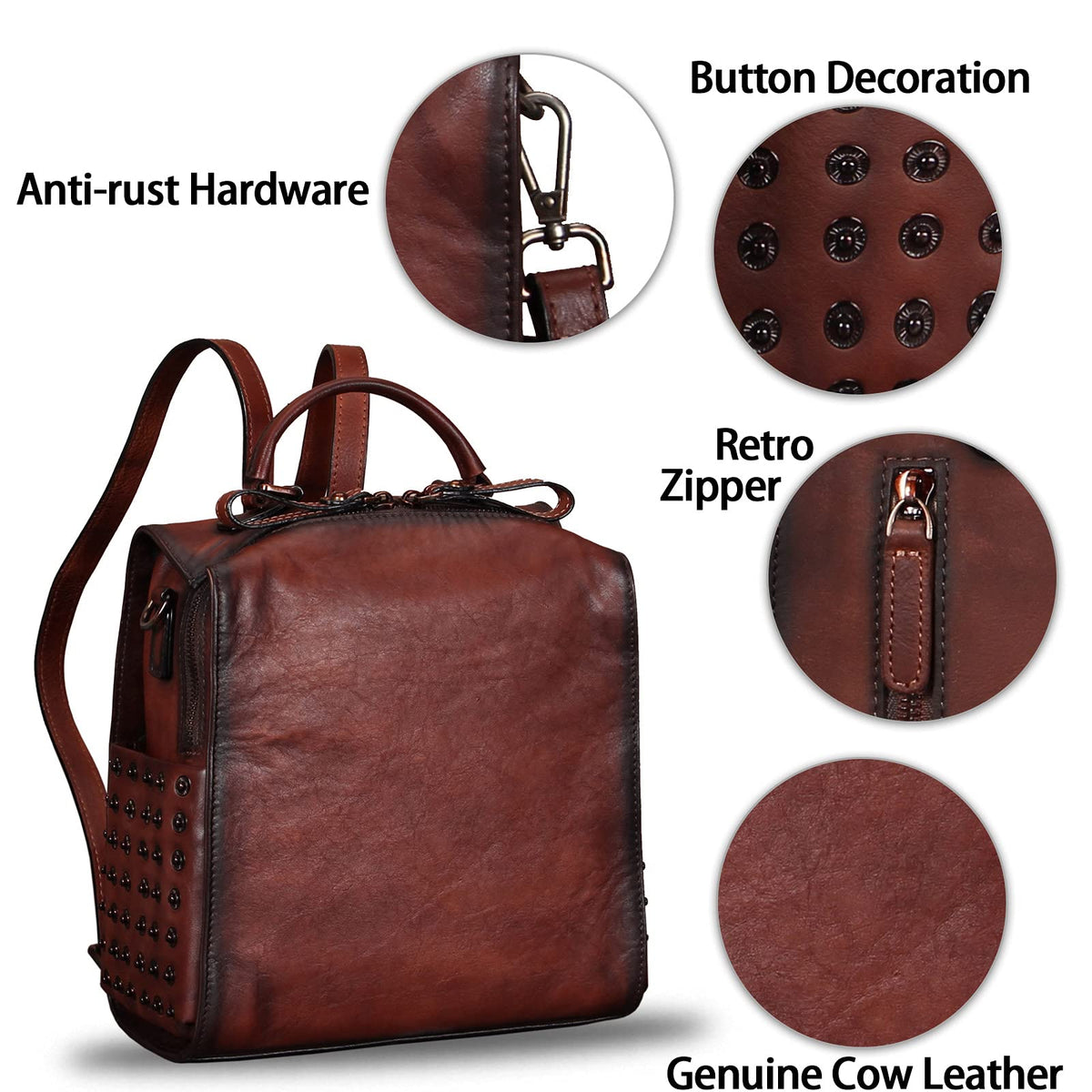 Genuine Leather Backpack for Women Convertible Satchel Rucksack Casual Crossbody Daypack Shoulder Bag Handbag Purse Medium