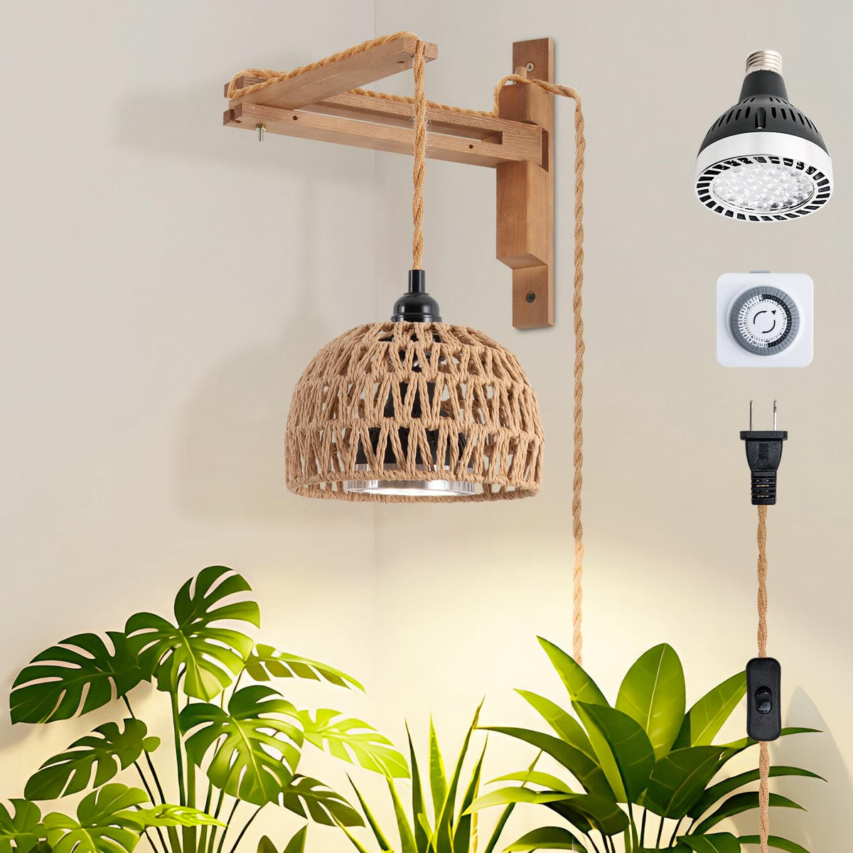 30W 4000K Indoor Plant wall Mounted Growth Light, Bohemian Style wall Mounted Plant Light with Timer, Equipped with a 14 Foot Power Cord, Suitable for Indoor Plant Cultivation and Floral Display
