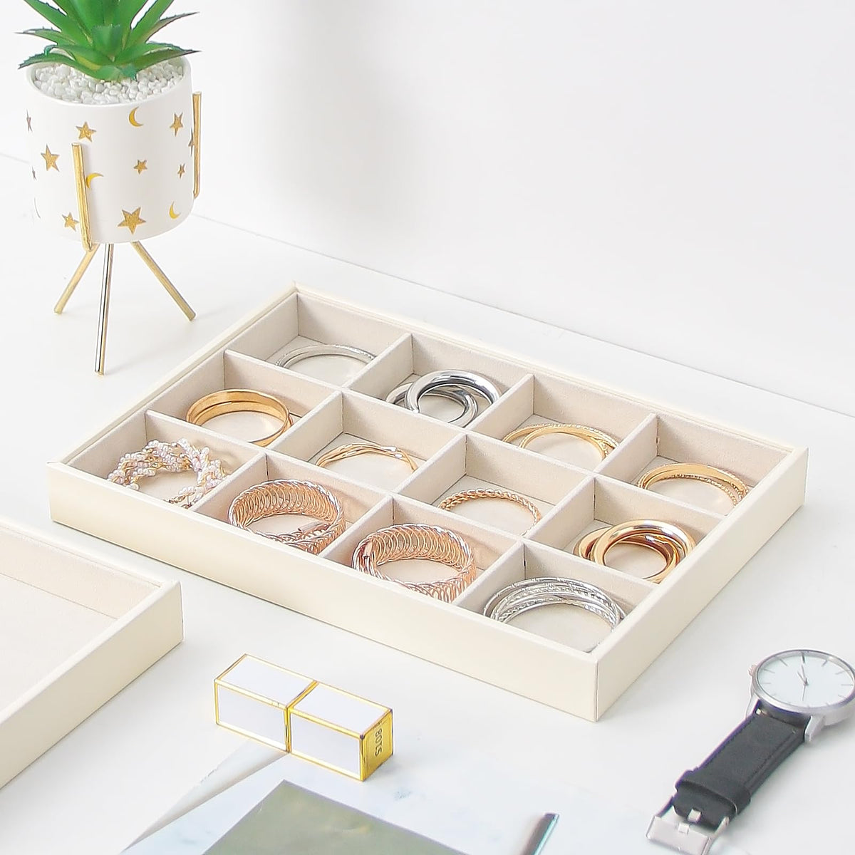 Ausalivan Stackable Jewelry Organizer Tray For Drawers,White Leather Small Earring Storage Tray,Bracelet And Necklace Display Box,Jewelry Ring Display Case (12 Grids)