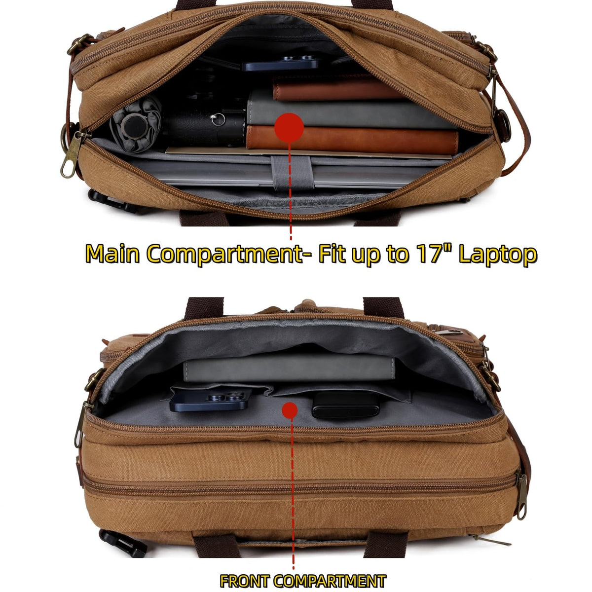 Baosha Real Leather Canvas Laptop Briefcase Backpack Hybrid Large 17 inch Laptop bag Waterproof for Men HB-22 (Brown)