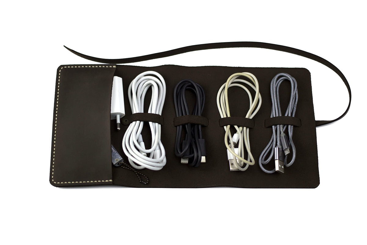 Leather Cord Organizer Wrap for Cables - Brown