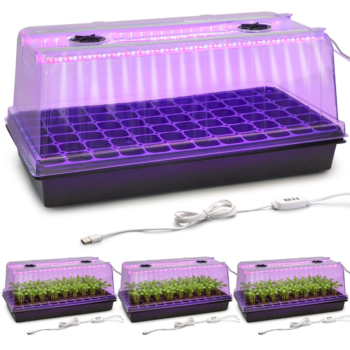 1020 Trays with Grow Light and 6.3" Humidity Dome - 4 Pack Heavy Duty Seed Trays with 72 Cell Plug Trays, Germination Kit with Timer and Dimmable LED - Reusable Plant Propagation Box for Gardening
