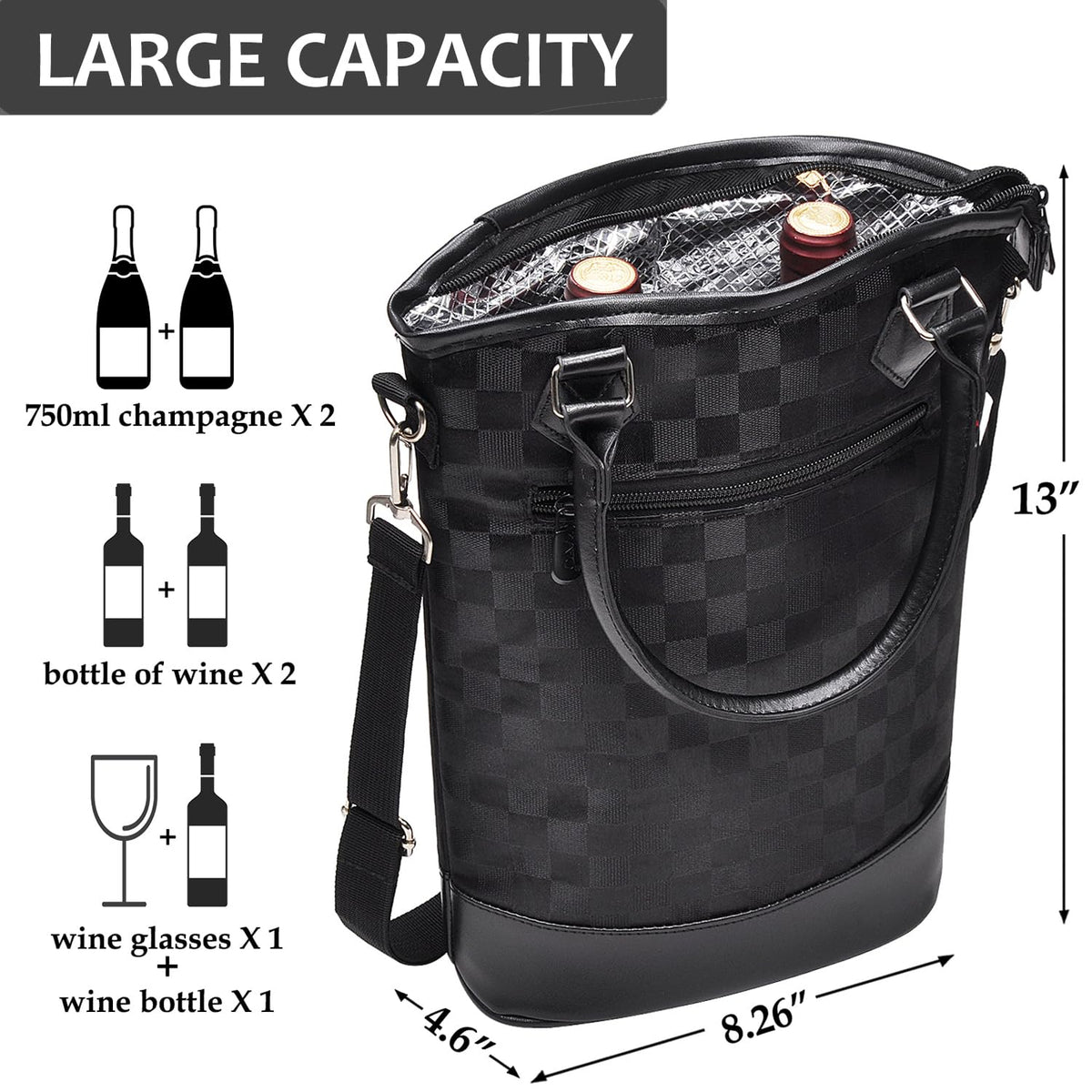 Tirrinia Insulated Wine Gift Carrier Tote - Travel Padded 2 Bottle Wine/Champagne Cooler Bag for Portable Wine Bottle Carrying Case, Women Men Wine Party Bag for Event,BYOB,Beach, Gift for Wine