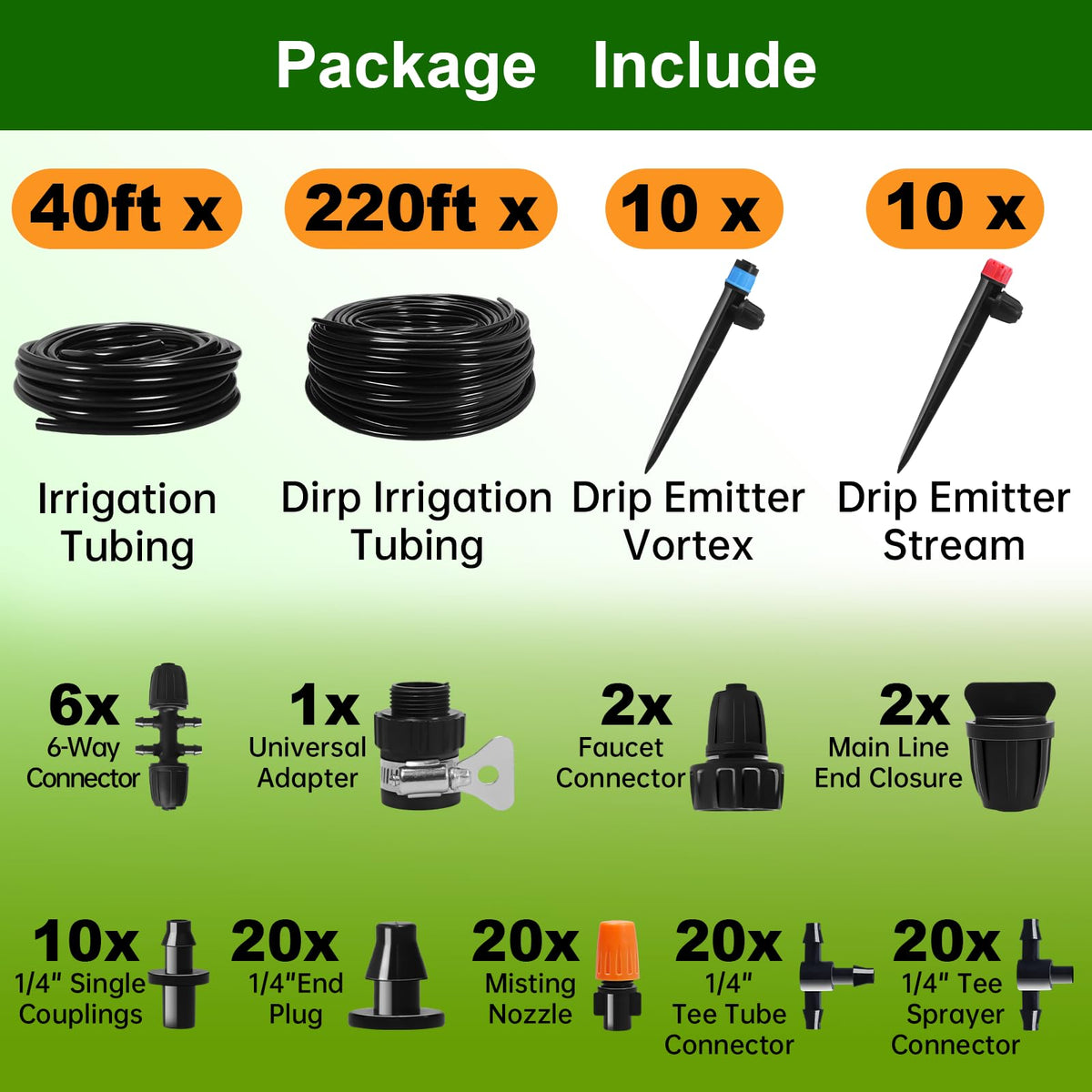 260 FT Drip Irrigation System Kit, Automatic Garden Watering System with 2/5" & 1/4" Tube for Greenhouse, Lawn, Raised Bed, Micro Misting Plant Sprinkler System, Adjustable Drip Emitters