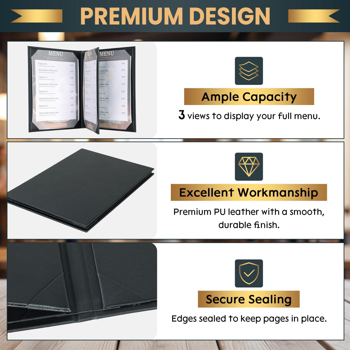 AMGSH 4 View 10 Pack Menu Holder Menu Covers 8.5" x 11" | Certificate Holder Diploma Holder Black Leather Menu Sleeves Book Style for Restaurant Coffee Bars Wine List Fit for Letter Size Paper