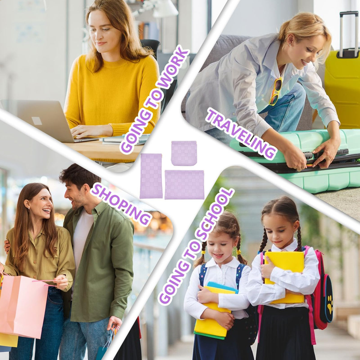 3PCS Small Makeup Bag for Women, Mini Cosmetic Bags Leather Pocket Pouch Purse,Snap Closure Waterproof Portable Bag,Checkered Storage Travel Bag for Lipstick Change Glasses Coin Cards (Purple)