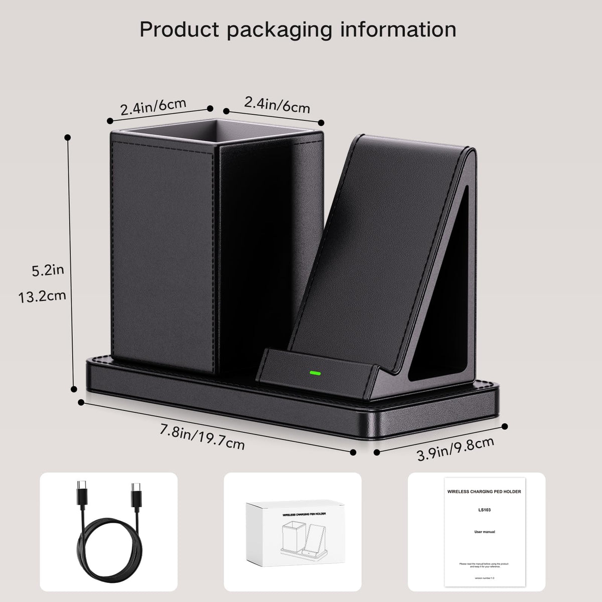 Multi-Functional Pen Holder for Desk,Black Vegan Leather Desk Organizers with Remote Control Holder,Pencil Holder for Desk,Desk Organizer with Phone Wireless Charger for Office/Nightstand/Endtable