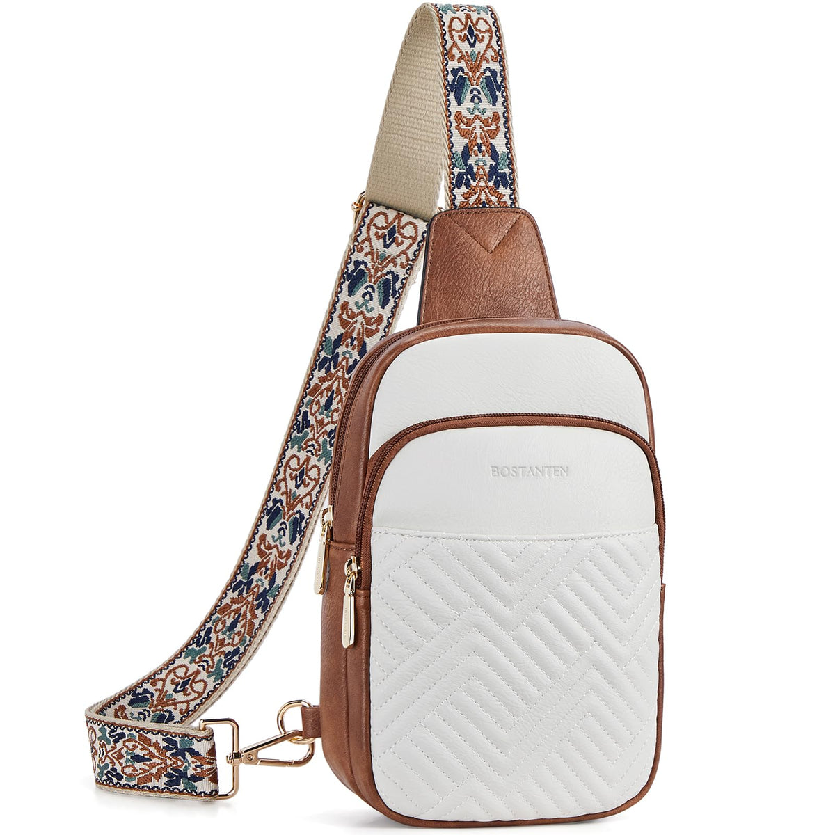 BOSTANTEN Sling Bag Quilted Crossbody Bags for Women Cross Body Purse Leather Fanny Pack with Adjustable Guitar Strap