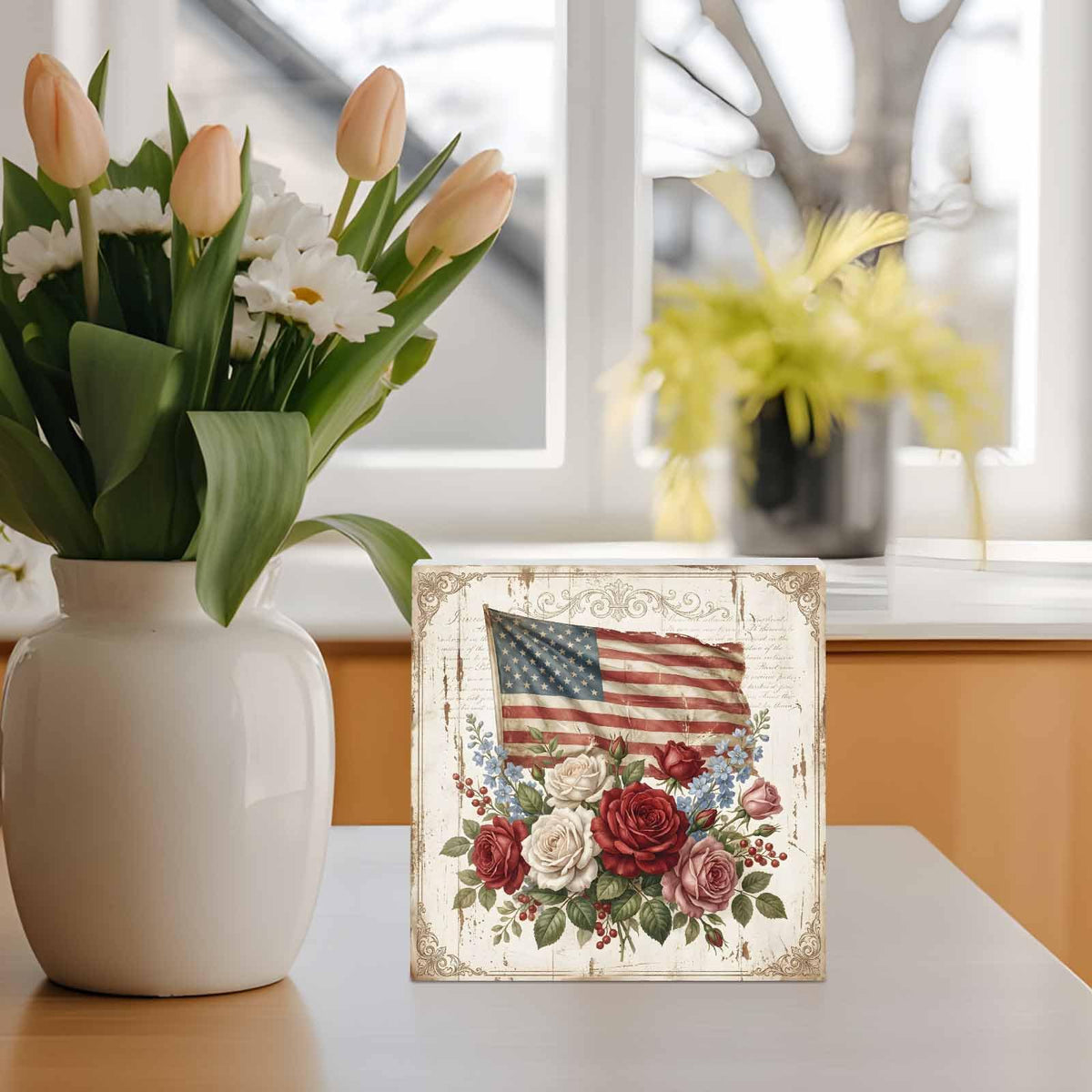 Independence Day Wood Box Sign Desk Decor, Retro American Red White Pink Rose Blue Flowers Decorative Wooden Block Box Sign Decorations for Home Office Shelf Table Decor 6x6 Inches