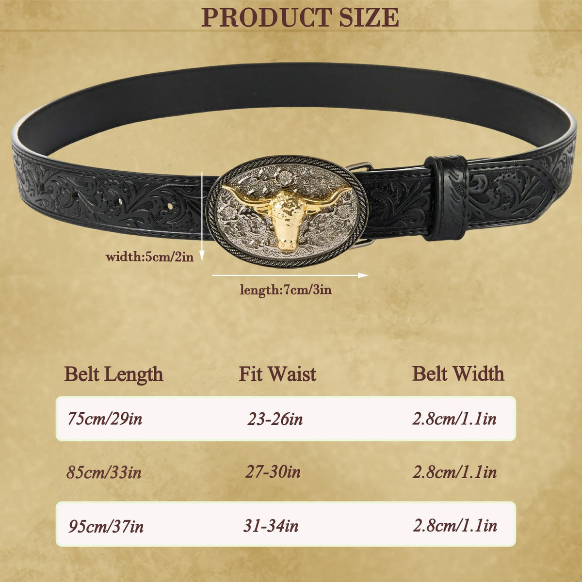 FORTMAC Western Belt–Adjustable Embossed Leather Belt with Longhorn Bull Buckle Black 95cm/37.5"