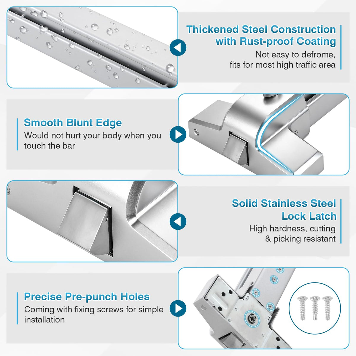 IRONWALLS 32 Inch Panic Bars for Exit Doors, Commercial Emergency Exit Push Bar Panic Exit Device with Exterior Lever Trim for 32" to 48" Wood Metal Door, Heavy Duty Steel Panic Door Hardware, Silver