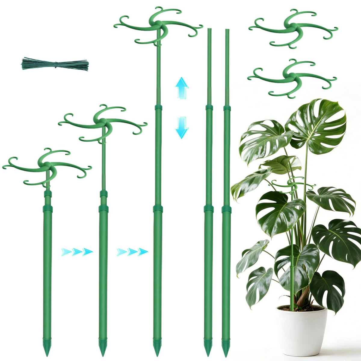 Telescoping Plant Support Stakes,5Pack 17.3 to 42.3IN Adjustable Monstera Plant Support,Garden Stakes with Clips,Sturdy Plant Sticks for Indoor Outdoor Plants, Orchid, Tomato, Vine,Monstera