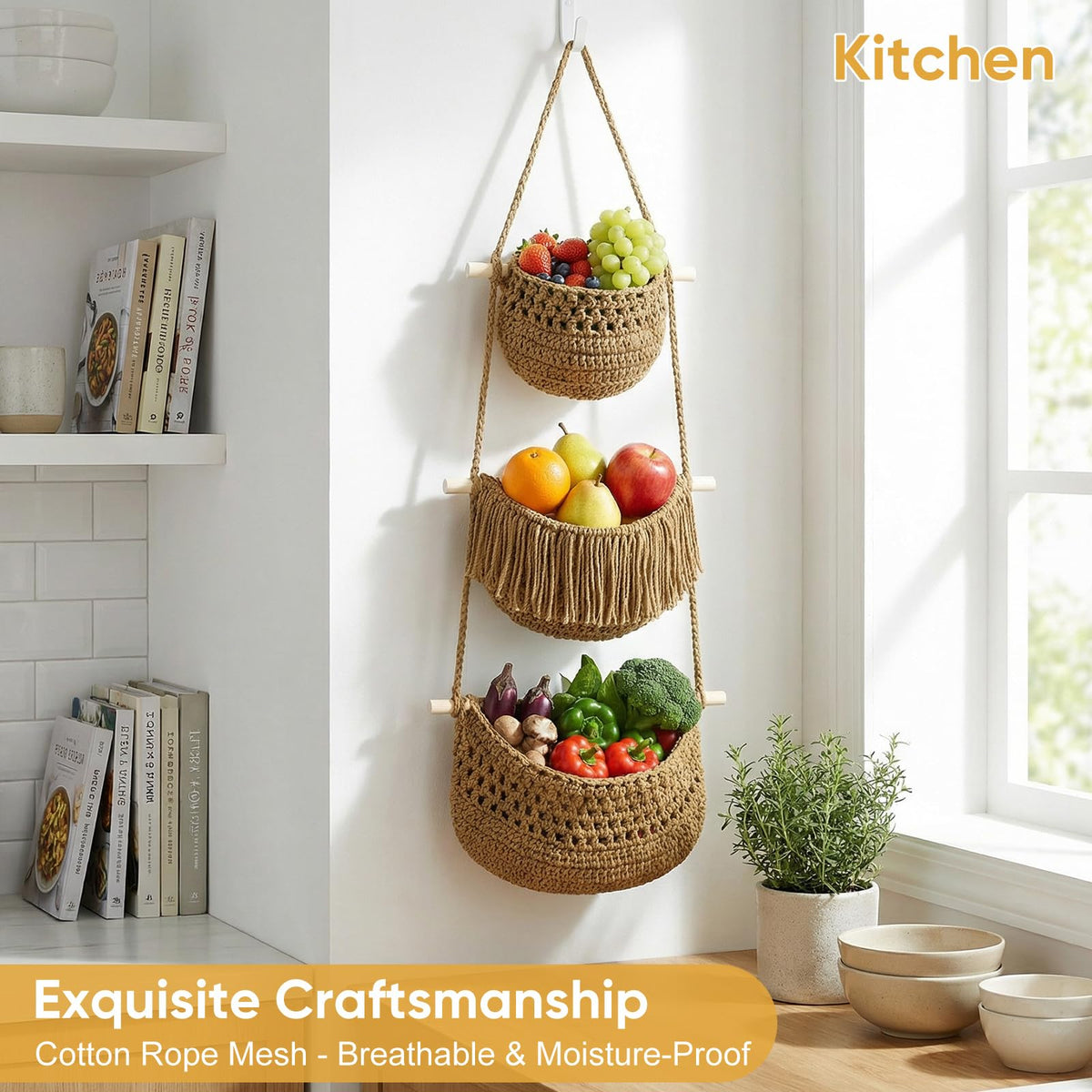 GLDFI Boho Style Handwoven Rope Hanging Basket - 3-Tier Detachable Storage Organizer for Kitchen/Bathroom/Entryway, 3 Included Heavy-Duty Hooks, 7 Color Options Available (Brown)