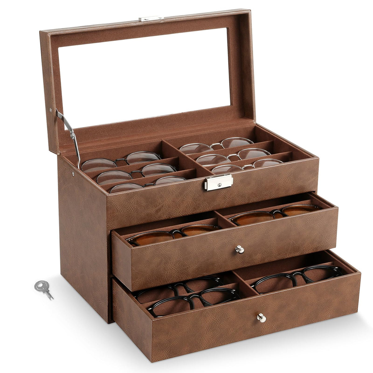 MoKo Sunglasses Organizer with 18 Slots, 3-layer Leather Sunglass Display Collection Holder Case with Drawer Clear Glass Lid, Lockable Eyeglass Glass Jewelry Watch Storage Box for Women Men, Brown