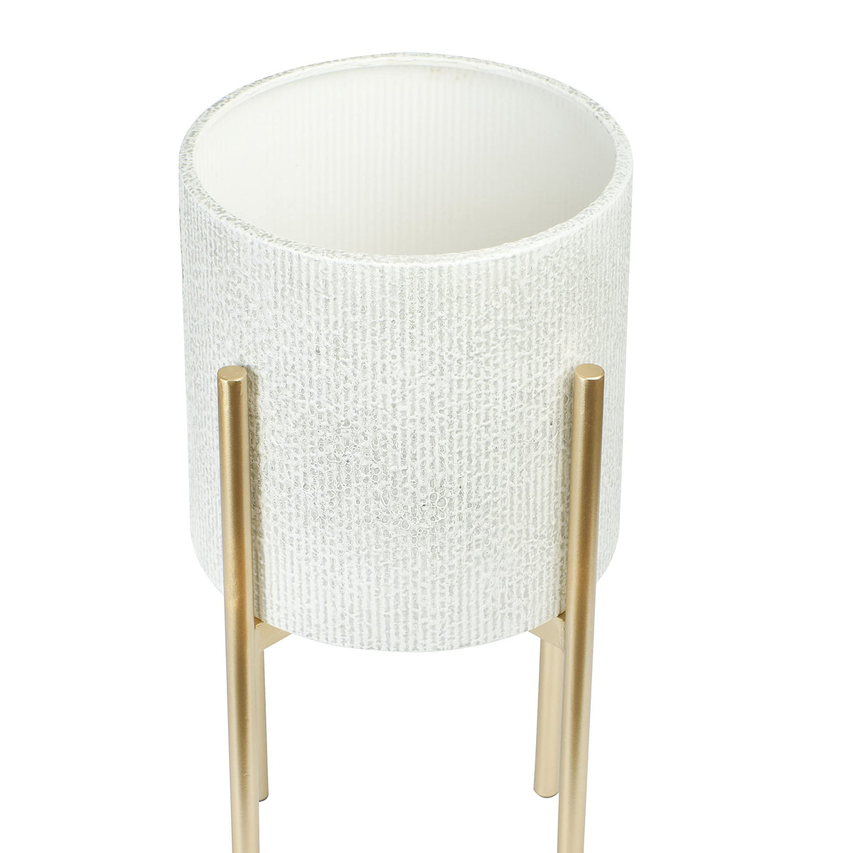 Main + Mesa Modern Boho Embossed Metal Planters with Stands, White and Gold, Set of 2 Sizes