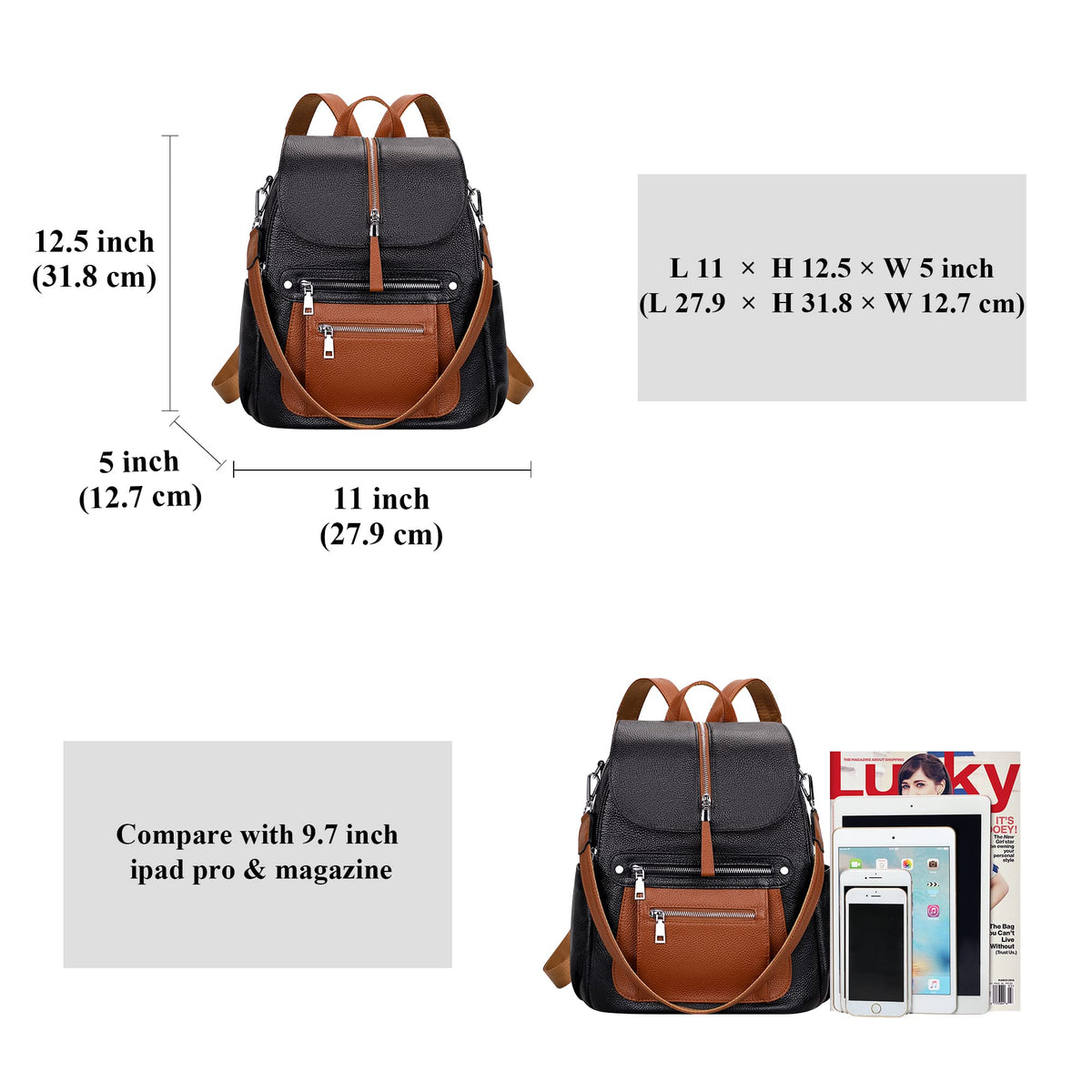 ALTOSY Leather Backpack Purse for Women Fashion Casual Handbag with Multi Pockets and Flap (S107 Black/Brown)