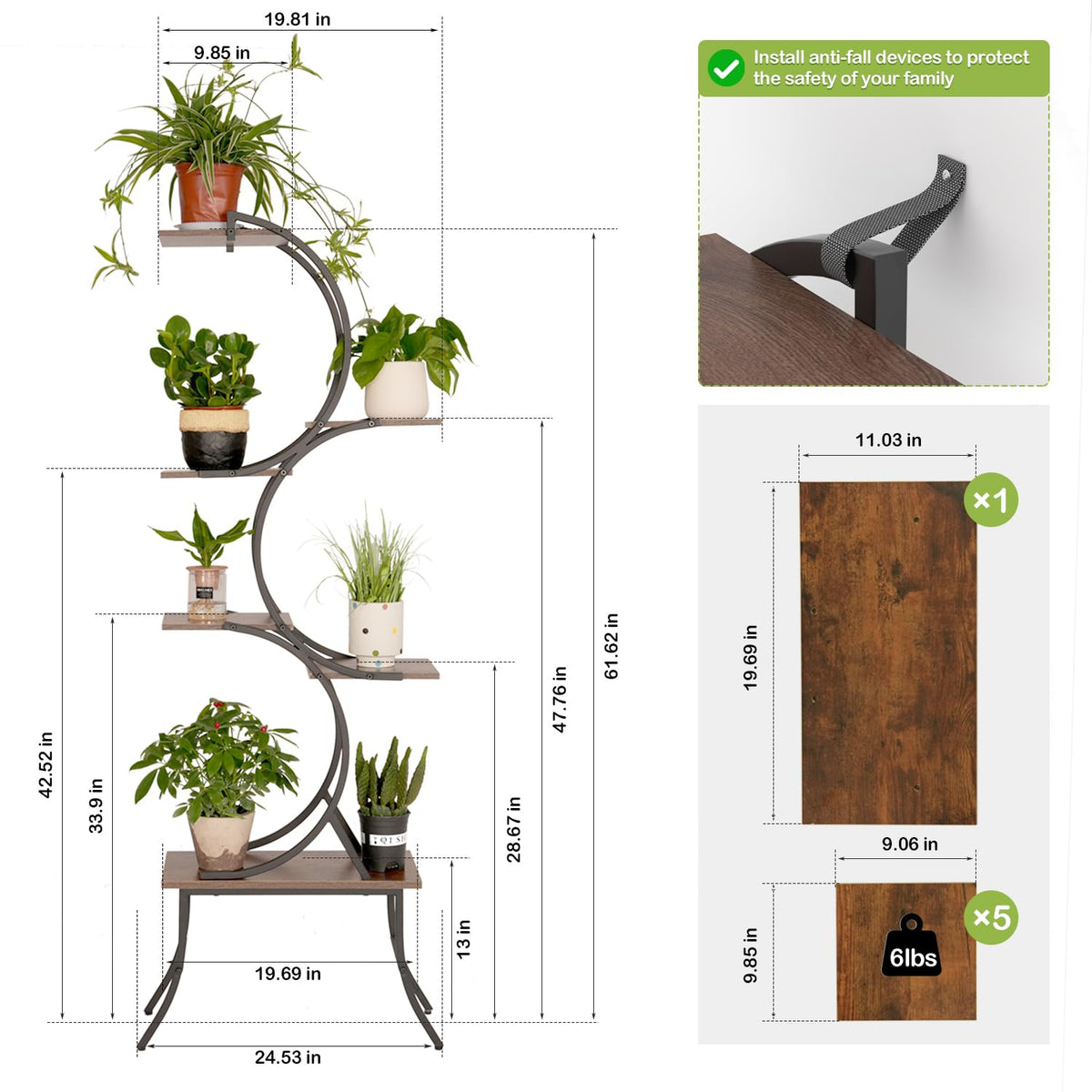 Nevsokio Indoor Plant Stand with Grow Lights 63 Inch Large Tall Planting Pots 6-Tier Metal Corner Flower Shelf Small Plant Rack Home Decor Display