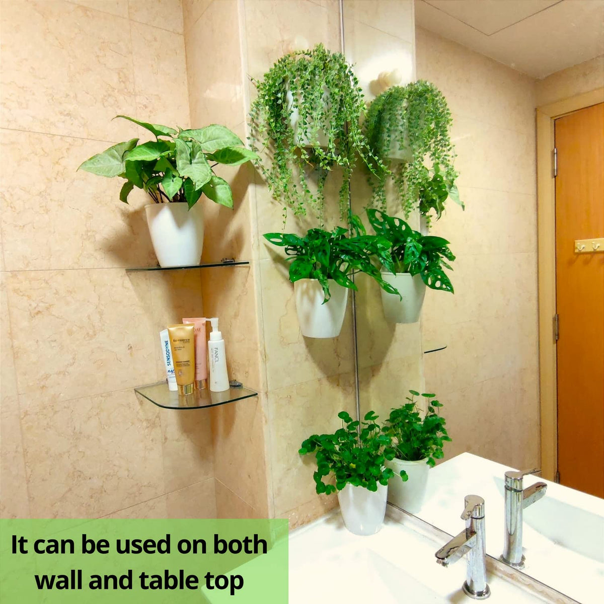 LalaGreen Bundle - 4 inch x 10 Pack Self Watering White Plastic Pot + 4 Pack Wooden Hanging Planters for Indoor Plants, Wall Mount Plant Stand Ladder, Outdoor Vertical Garden