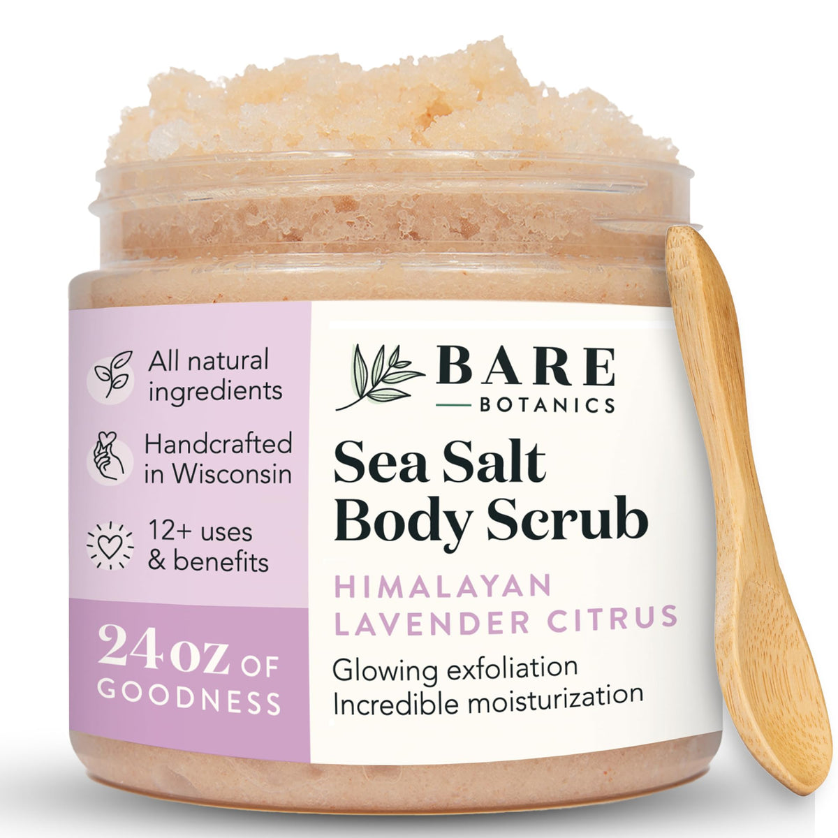 Bare Botanics Body Scrub 24 oz - Naturally Scented Salt Scrub Made in Madison WI - Formulated w/Skin Loving Moisturizers - Cruelty Free Exfoliator w/a Cute Wooden Spoon - Himalayan Lavender Citrus
